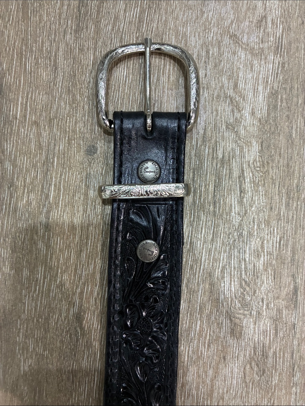 Double Saddlery Leather Tooled Black Women's Belt with Silver Buckle